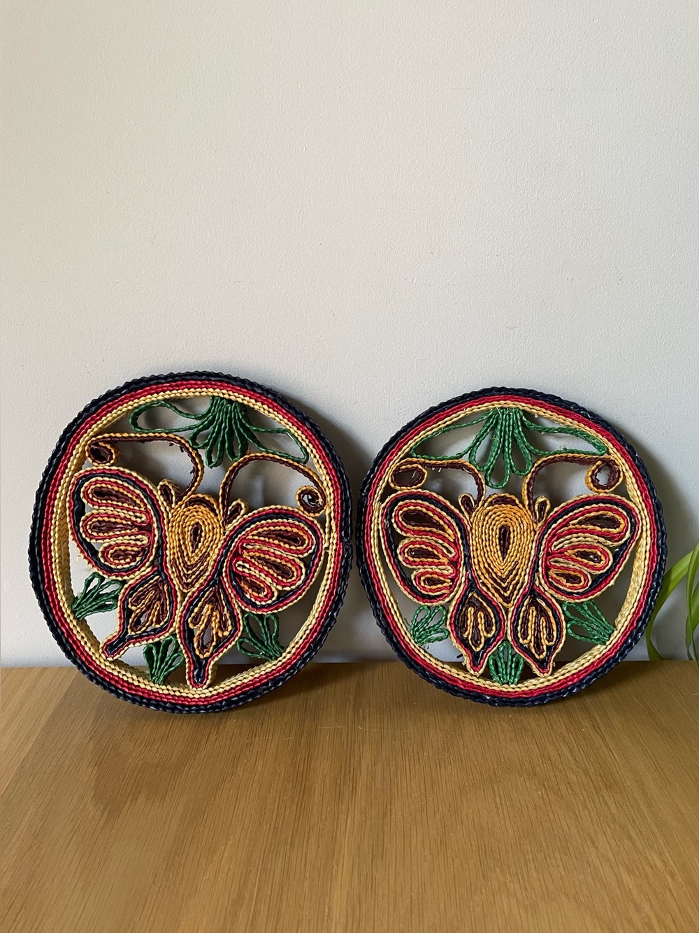Vintage MCM Handwoven Raffia Butterfly Trivets / Hot Pads Set of 2